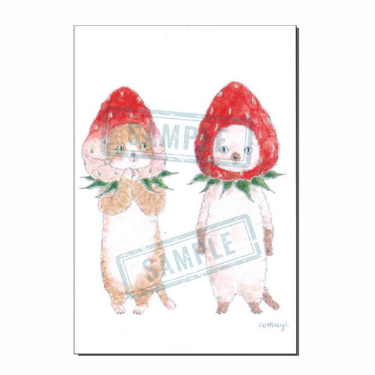 「初恋いちごにゃんこ」ポストカード商品画像。いちごの帽子をかぶった2匹の猫の可愛らしい猫イラストです。