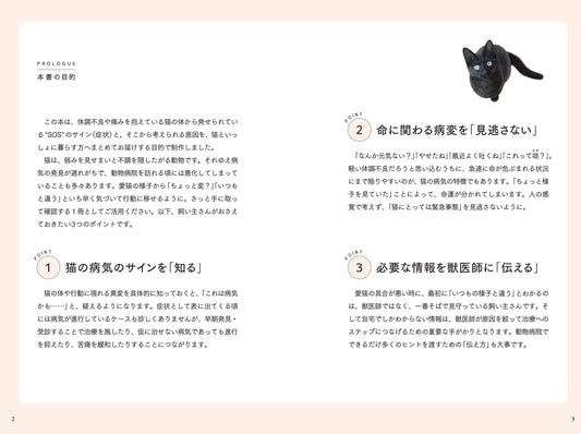 この本は、体調不良や痛みを抱えている猫の体からはっせら発せられているSOSのサインと、そこから考えられる原因を。猫といっしょに暮らす方へまとめる目的で制作されました。